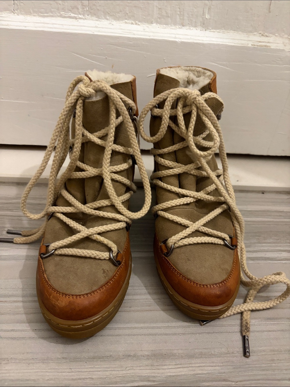Isabel Marant Nowles Tan & Cream Lace-Up Shearling Winter Boots